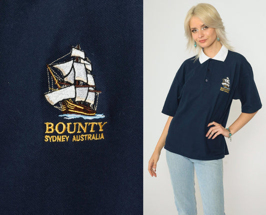90s Bounty Cruises Sydney Polo Shirt Navy Blue Sailboat Graphic Medium