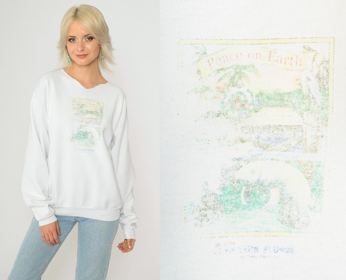 90s Peace on Earth Manatee Beach Christmas Sweatshirt White Cutoff Medium