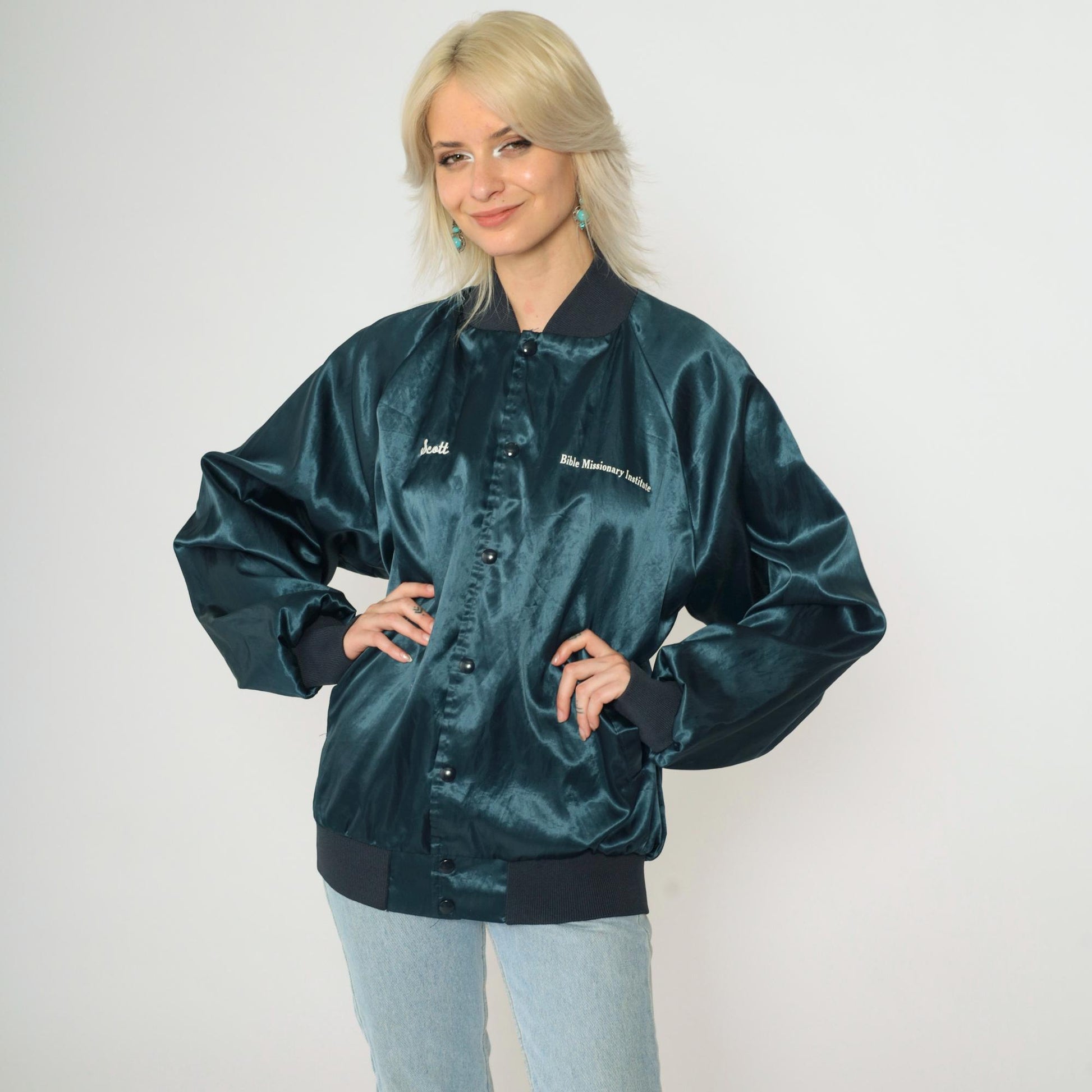 90s Bible Missionary Institute Satin Bomber Jacket Dark Blue Medium