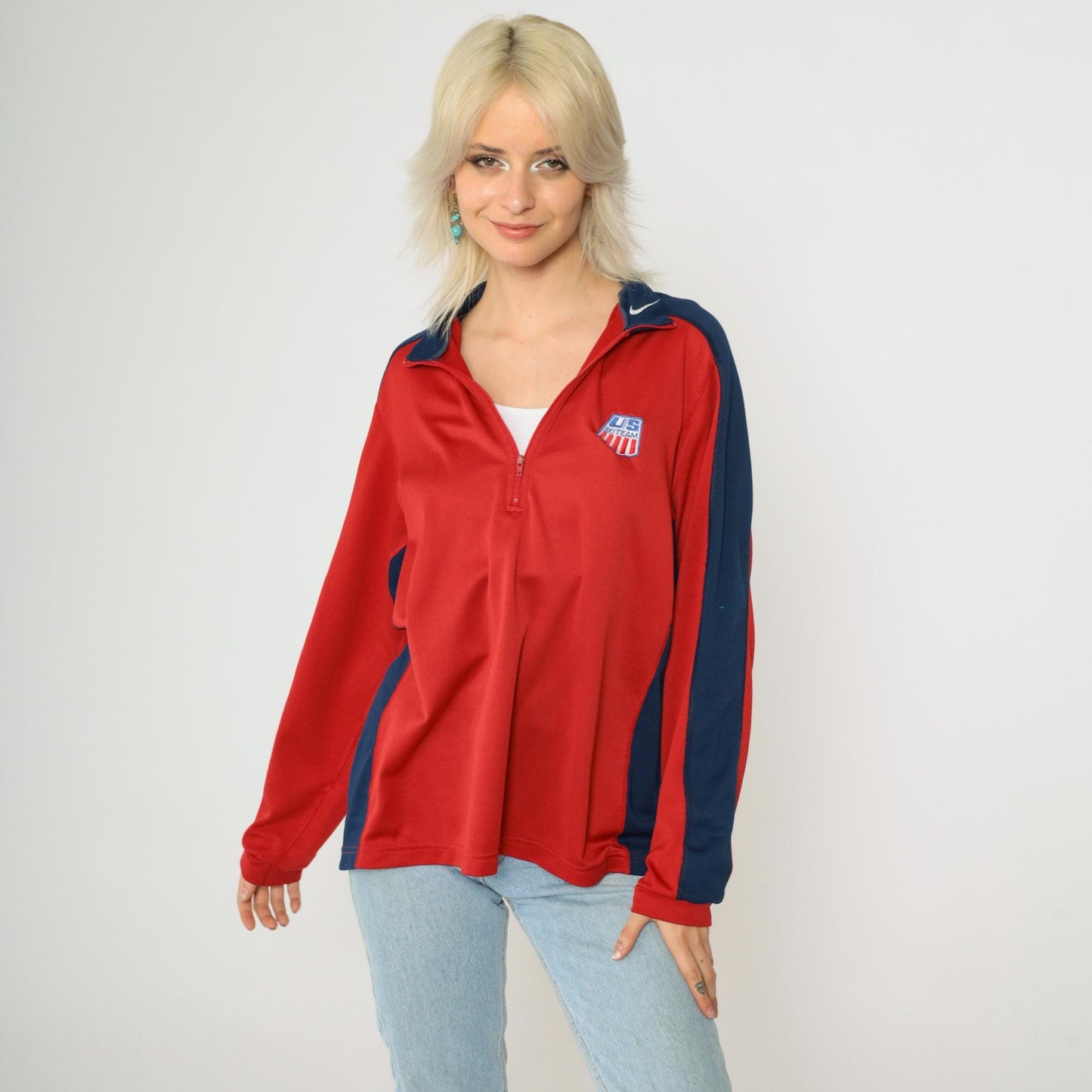 90s Nike US Ski Team Long Sleeve Quarter Zip Mock Neck Red Large