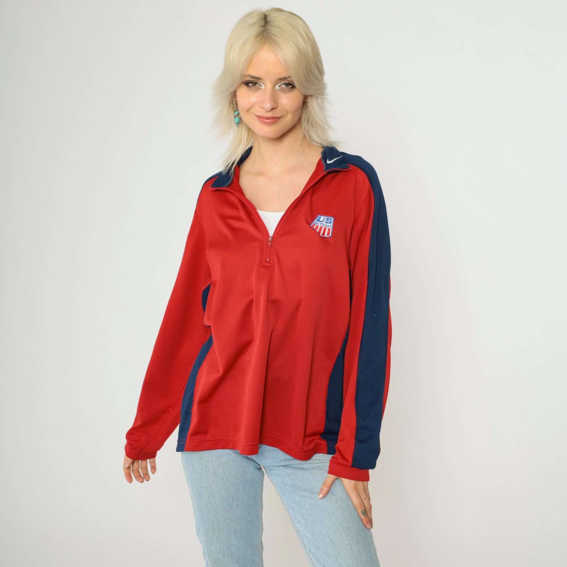90s Nike US Ski Team Long Sleeve Quarter Zip Mock Neck Red Large