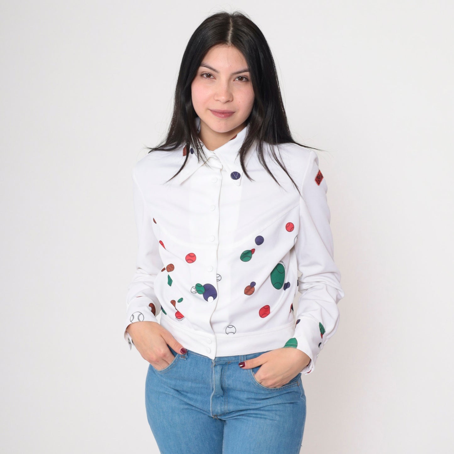70s Oleg Cassini Tennis Ball Print Blouse White Dagger Collar Medium