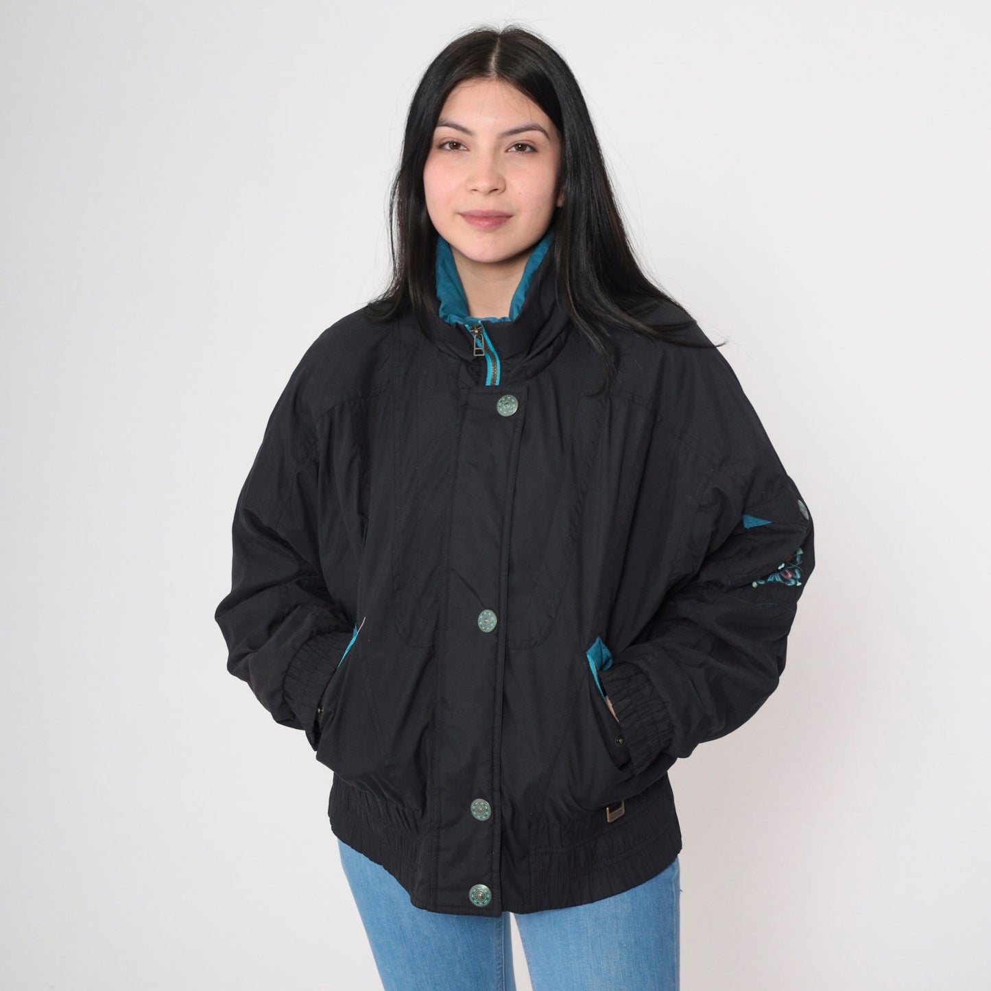 90s Black Puffer Ski Jacket Turquoise Trim Windbreaker Extra Large XL