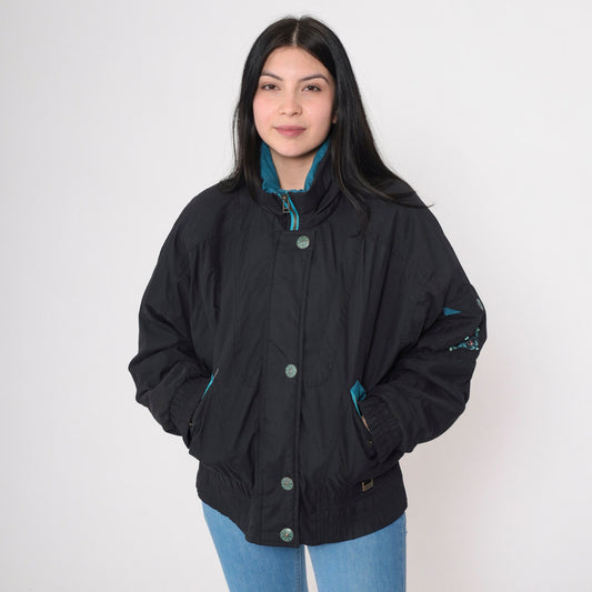 90s Black Puffer Ski Jacket Turquoise Trim Windbreaker Extra Large XL
