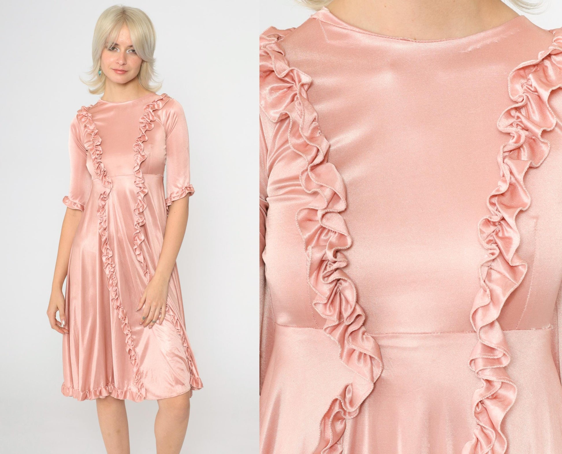 70s Pink Ruffled Babydoll Midi Dress Empire Waist Half Sleeve XXS