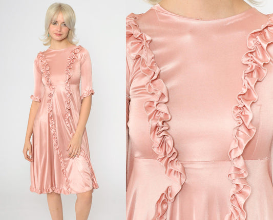 70s Pink Ruffled Babydoll Midi Dress Empire Waist Half Sleeve XXS