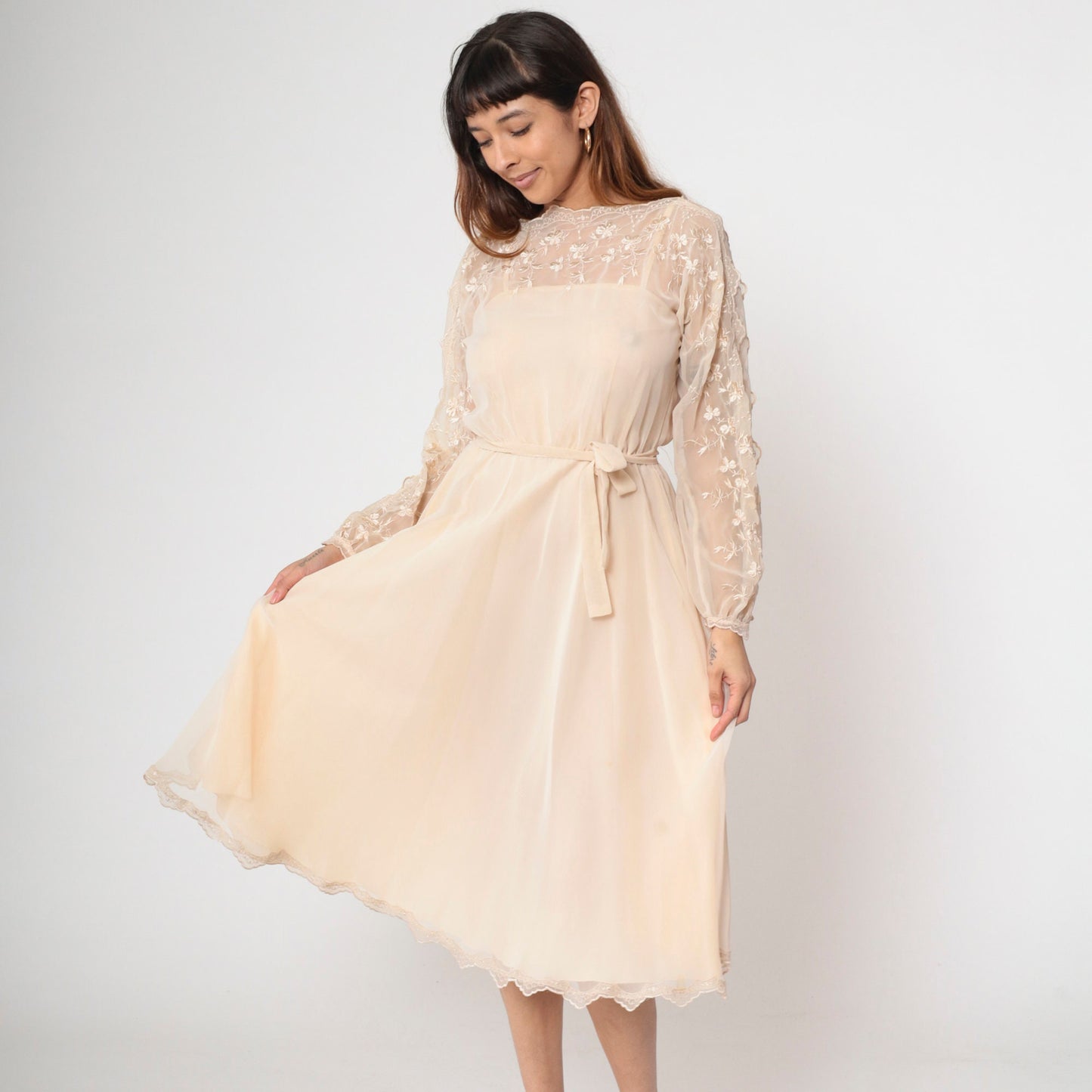 70s Beige Chiffon Midi Dress Floral Embroidery Illusion Neckline Small