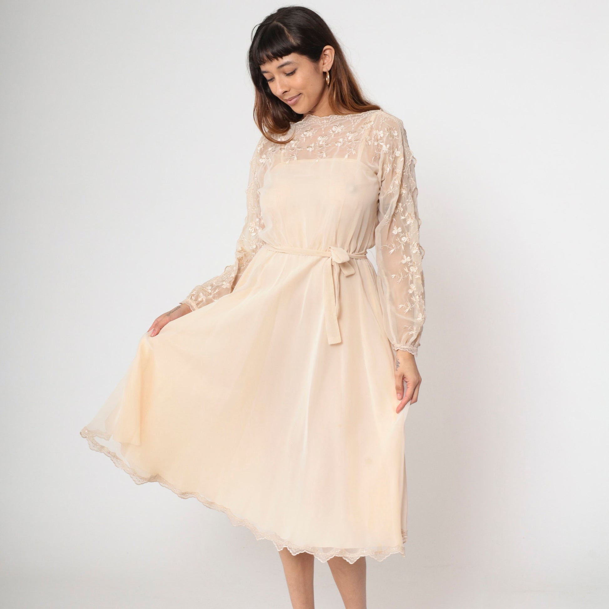 70s Beige Chiffon Midi Dress Floral Embroidery Illusion Neckline Small