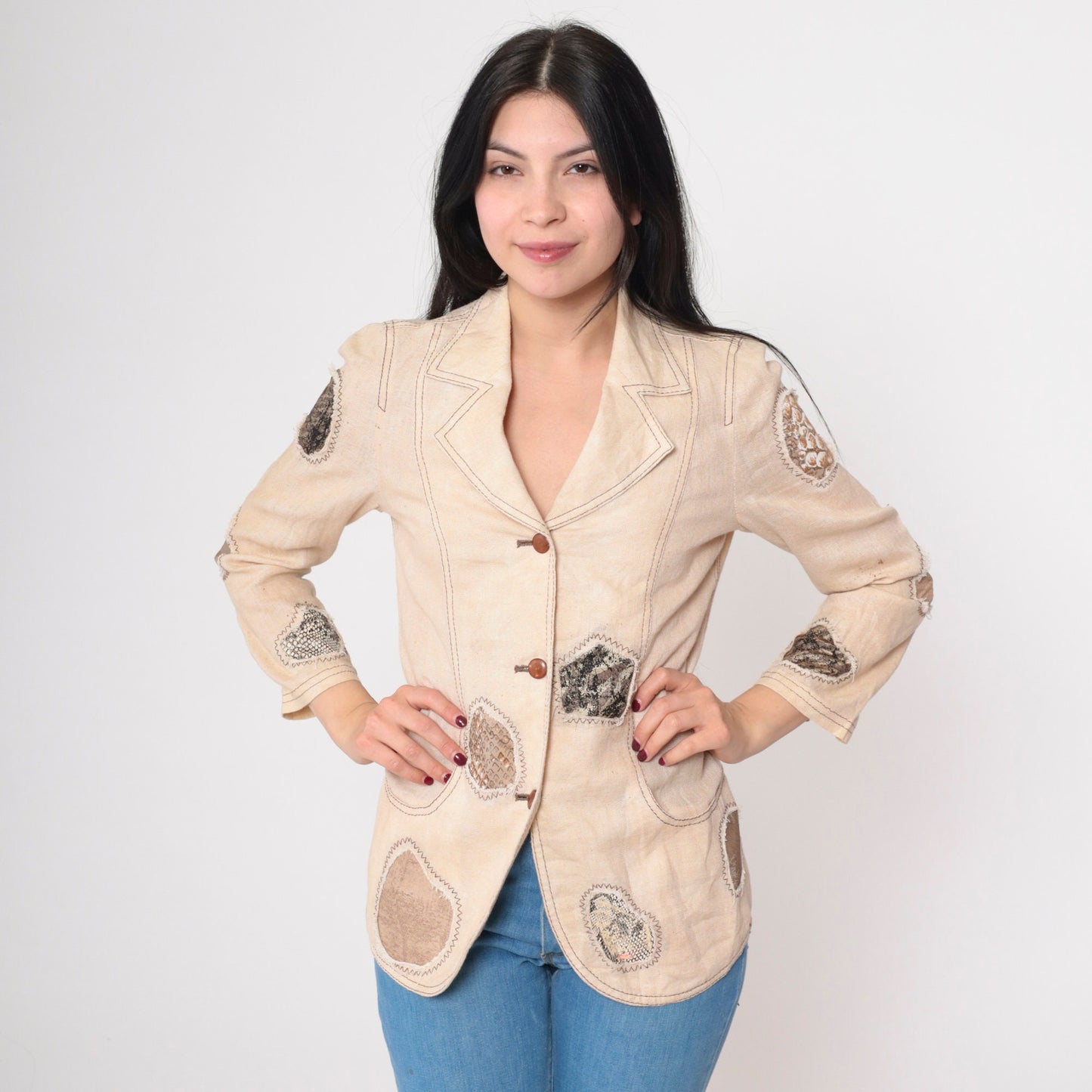90s Patchwork Blazer Beige Animal Print Patch Jacket Extra Small XS