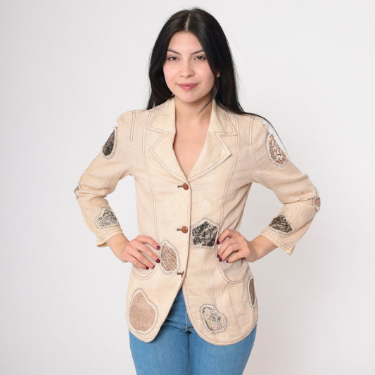 90s Patchwork Blazer Beige Animal Print Patch Jacket Extra Small XS