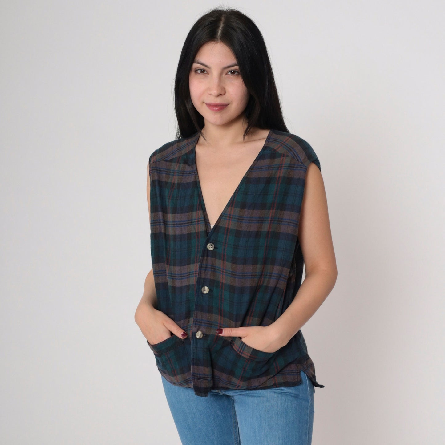 90s Plaid Vest Blue Green Checkered Button Front Sleeveless Medium