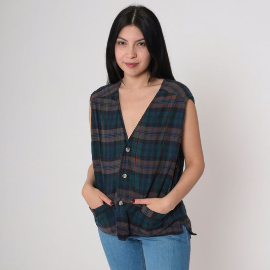 90s Plaid Vest Blue Green Checkered Button Front Sleeveless Medium