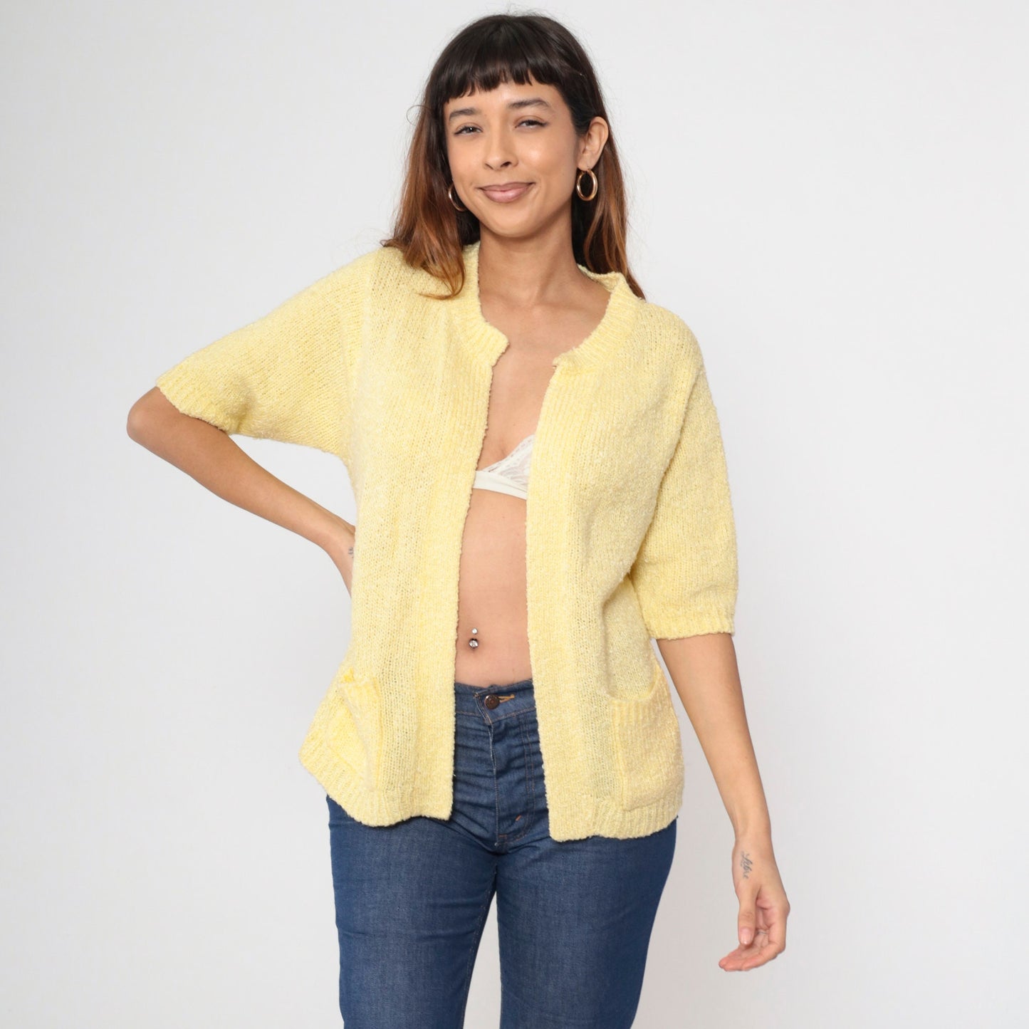 70s Le Chois Yellow Bouclé Cardigan Short Sleeve Open Front Knit Medium
