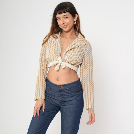 70s Gold Striped Metallic Crop Top Deep V Neck Long Sleeve Knit Medium