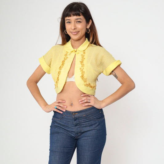 60s Yellow Bolero Jacket Floral Embroidery Peter Pan Collar Cropped Small S