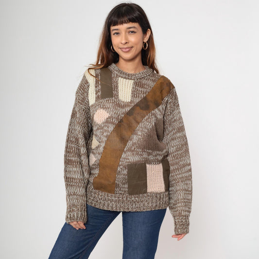 80s Brown Geometric Acrylic Sweater Leather Patch Crewneck Large L