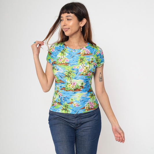 90s Hawaiian Tropical Floral Raglan Baby Tee Medium