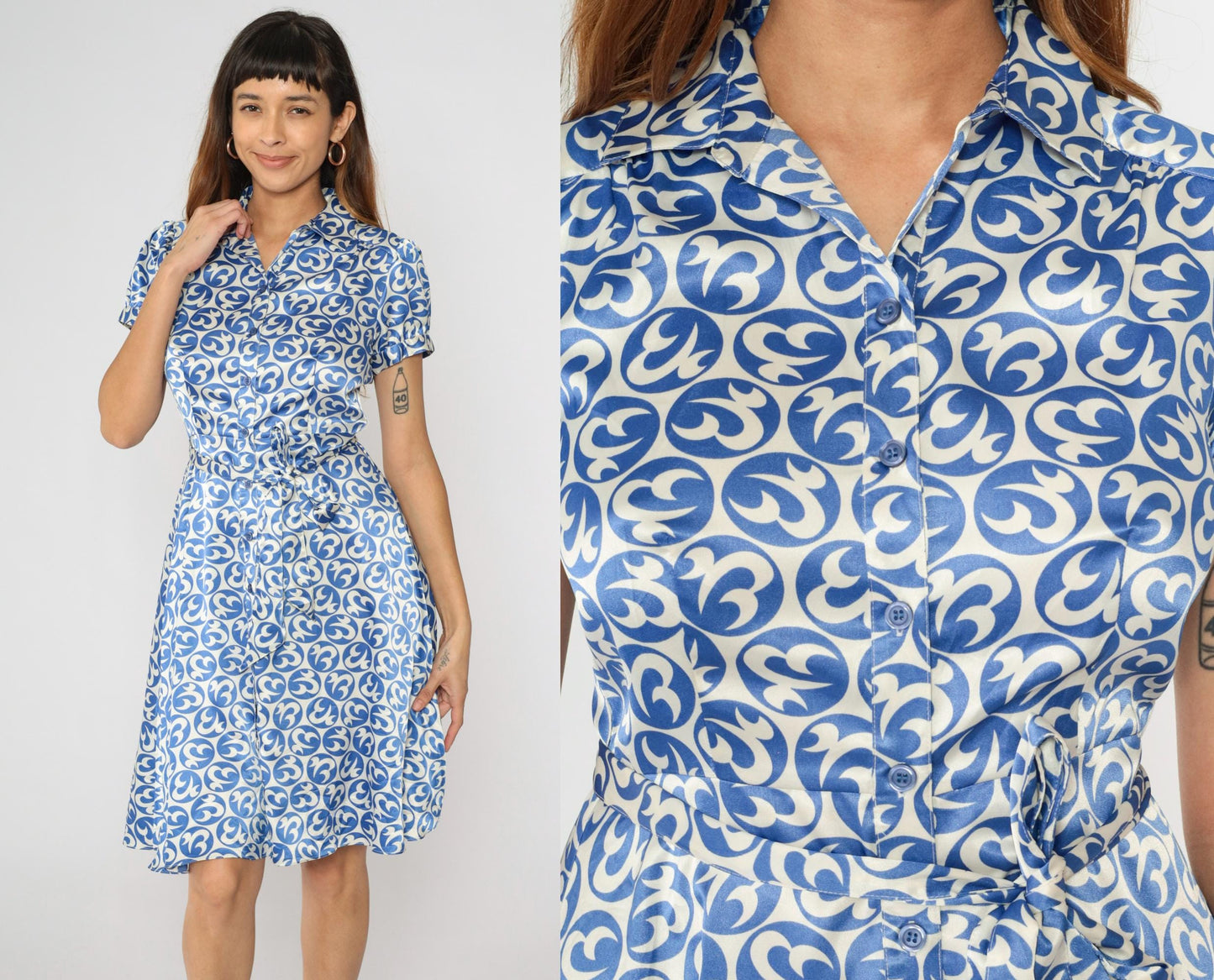 80s JG Hook Blue White Geometric Midi Shirt Dress Puff Sleeve Button Front Small