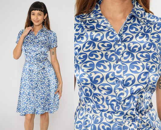 80s JG Hook Blue White Geometric Midi Shirt Dress Puff Sleeve Button Front Small