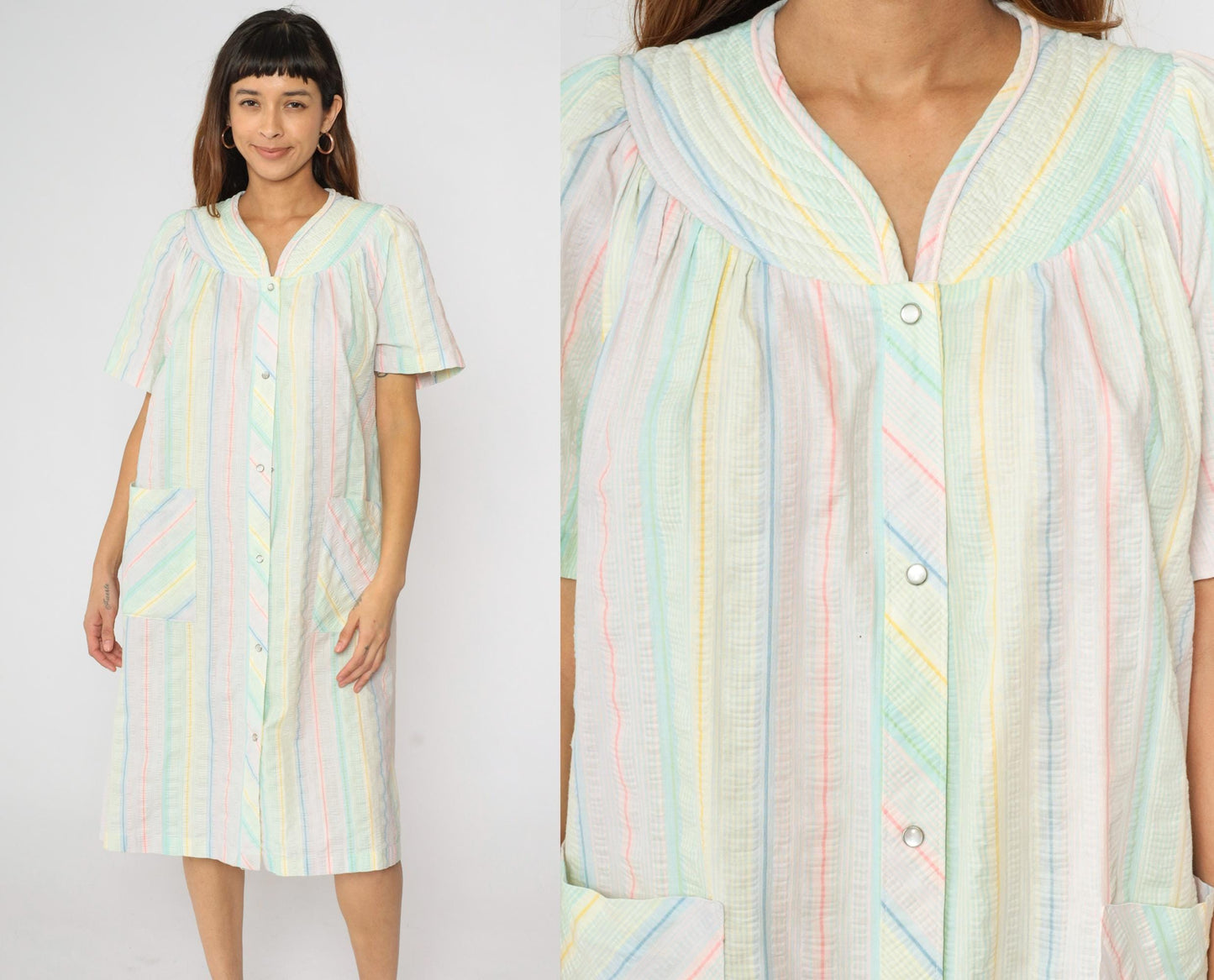 80s Barbizon Pastel Seersucker Midi Dress Puff Sleeve Pearl Snap Medium M