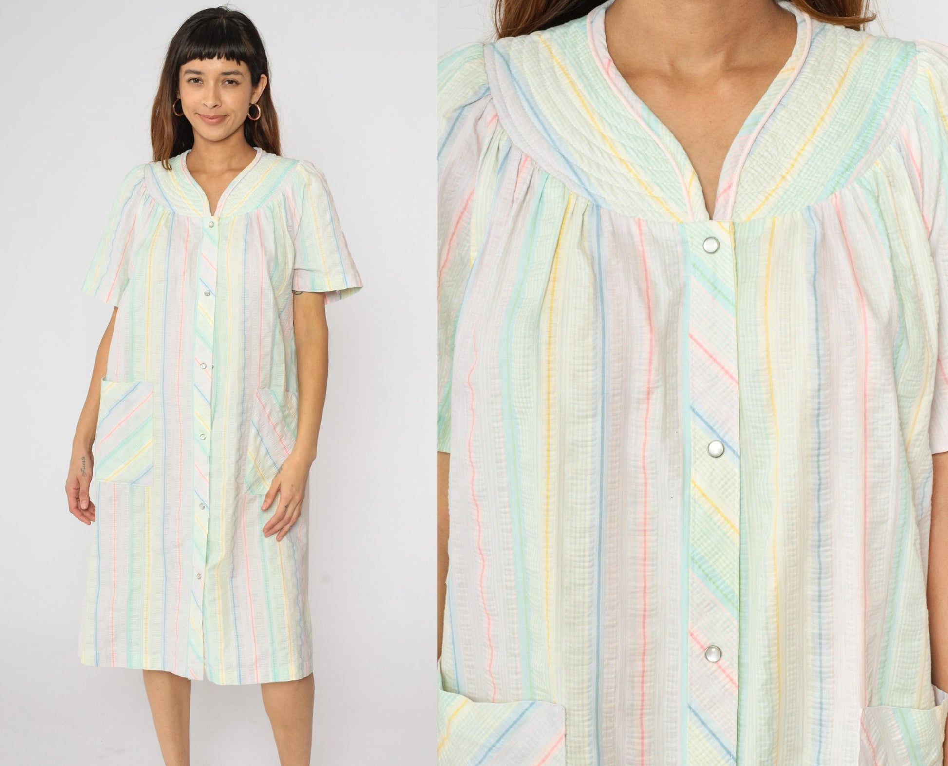 80s Barbizon Pastel Seersucker Midi Dress Puff Sleeve Pearl Snap Medium M