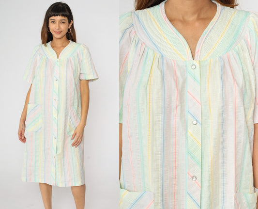 80s Barbizon Pastel Seersucker Midi Dress Puff Sleeve Pearl Snap Medium M