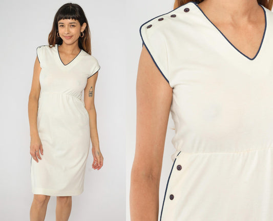 80s Lisette Cream Midi Dress Navy Piping V-Neck Cap Sleeve Extra Small