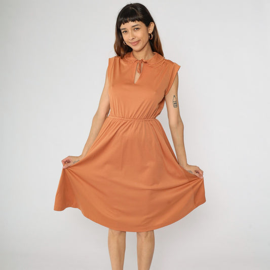 70s Burnt Orange Keyhole Midi Dress Peter Pan Collar Cap Sleeve Small