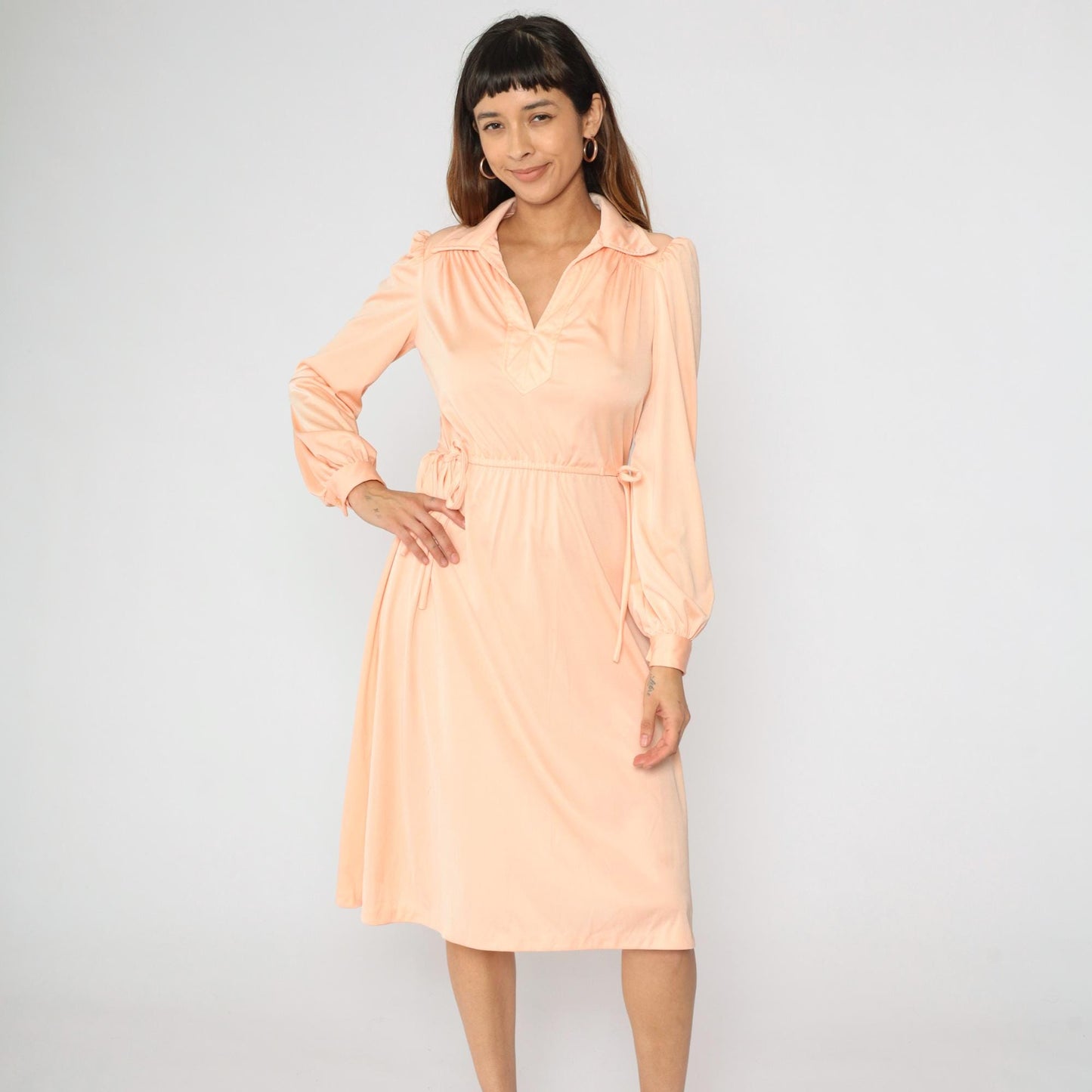 70s Peach Midi Dress Puff Sleeve Collared V-Neck High Waist Tie Side Medium
