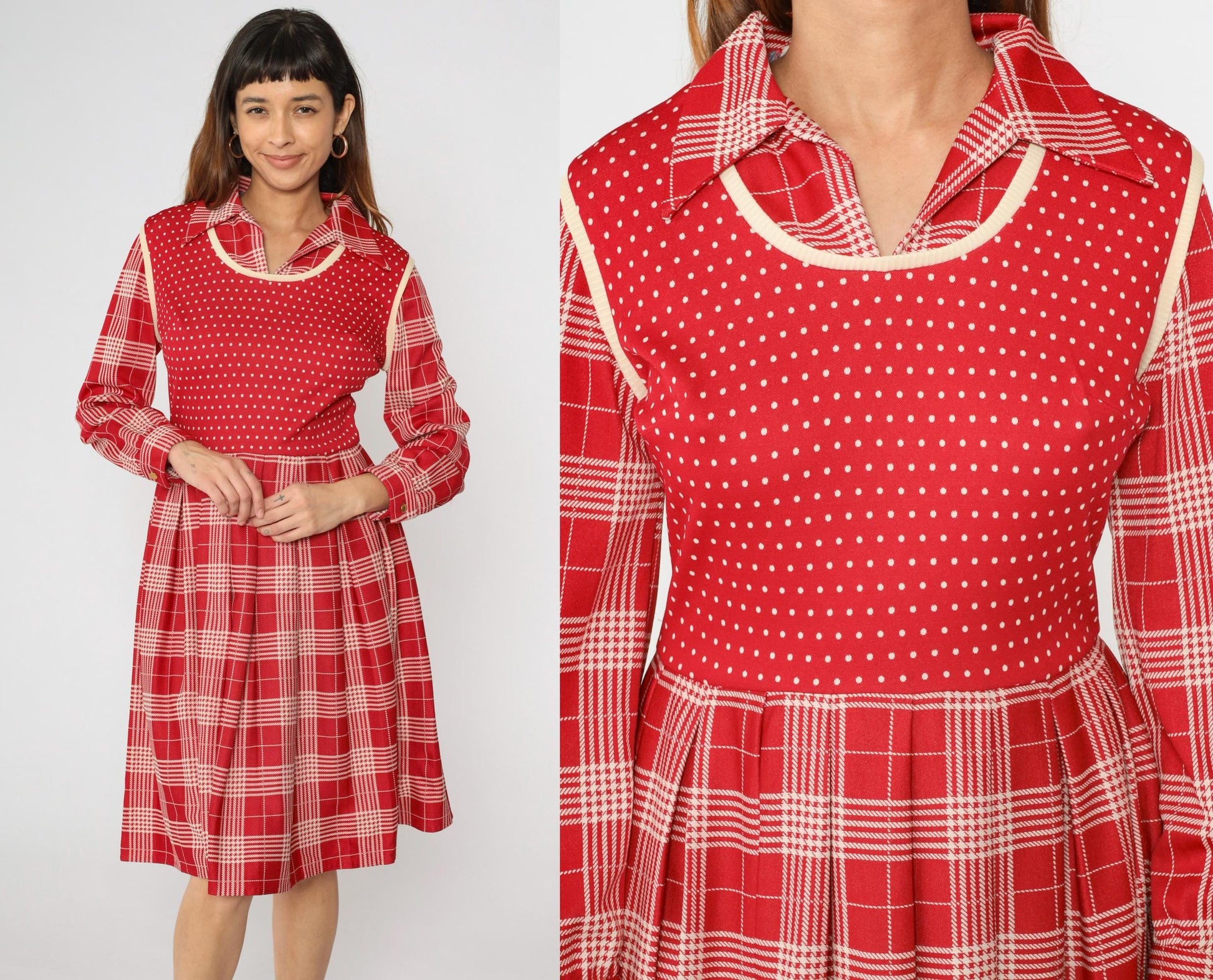 70s Plaid Polka Dot Dress Red High Waist Pleated Vest Midi Medium