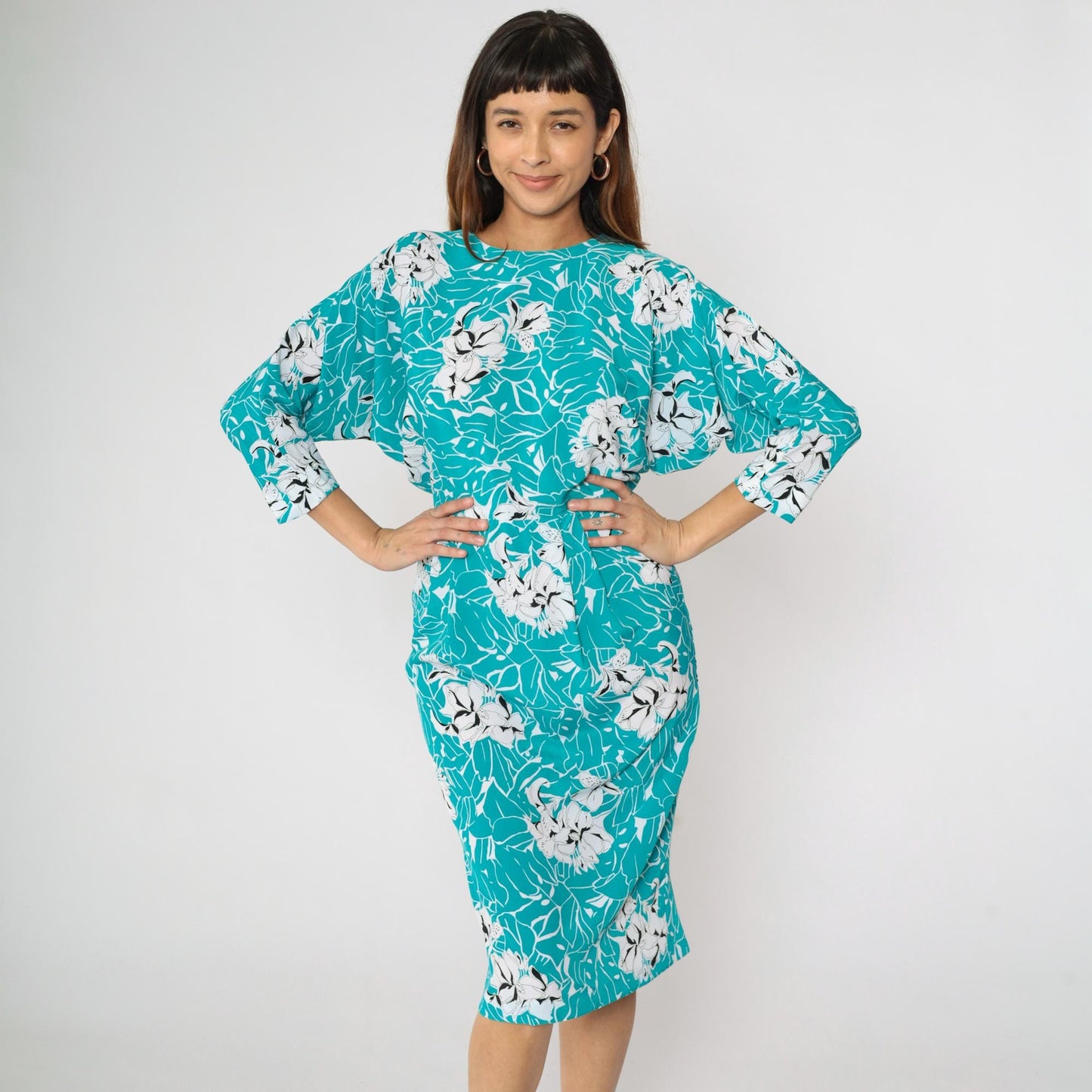 80s Turquoise Floral Midi Dress Keyhole Back Dolman Sleeve High Waist Small