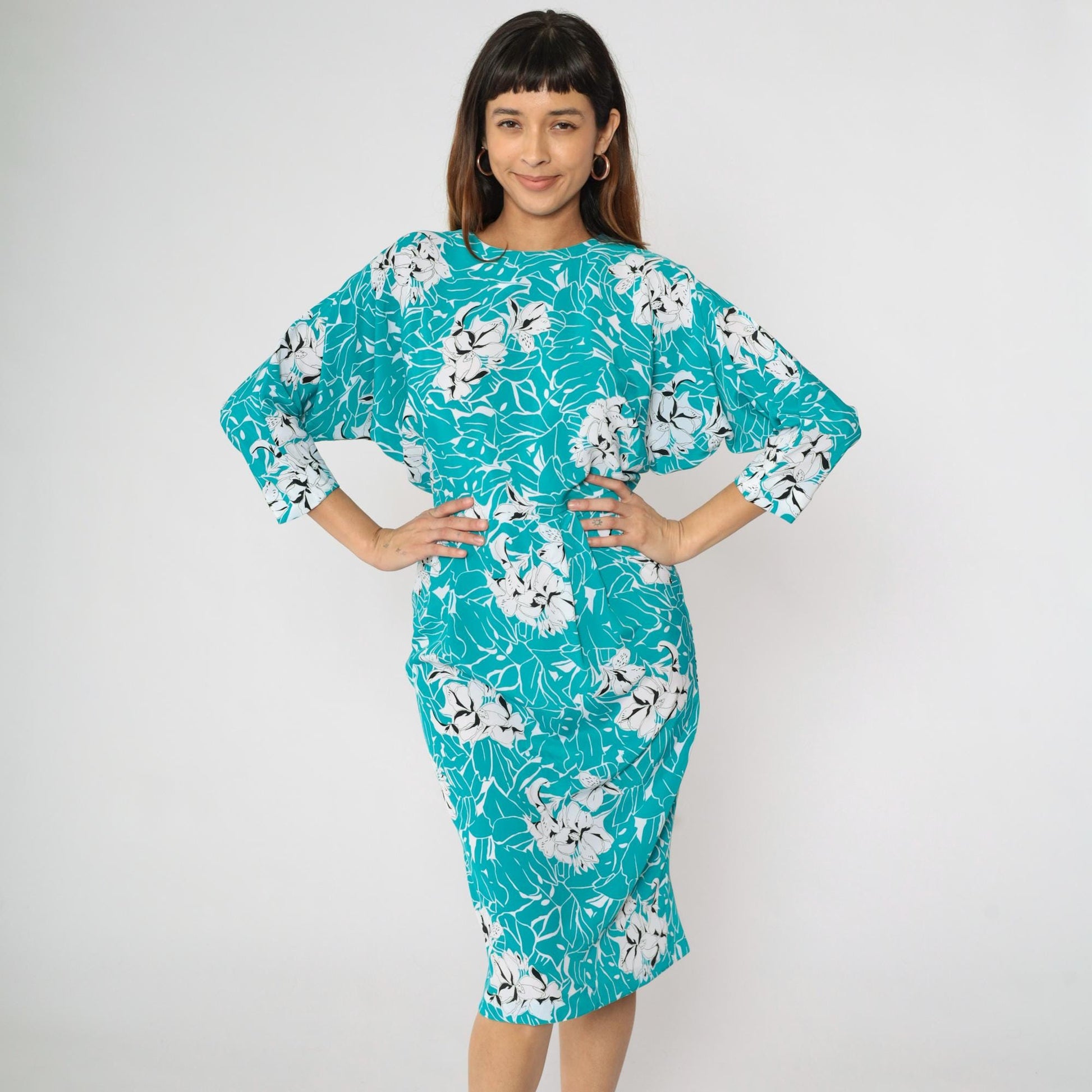 80s Turquoise Floral Midi Dress Keyhole Back Dolman Sleeve High Waist Small