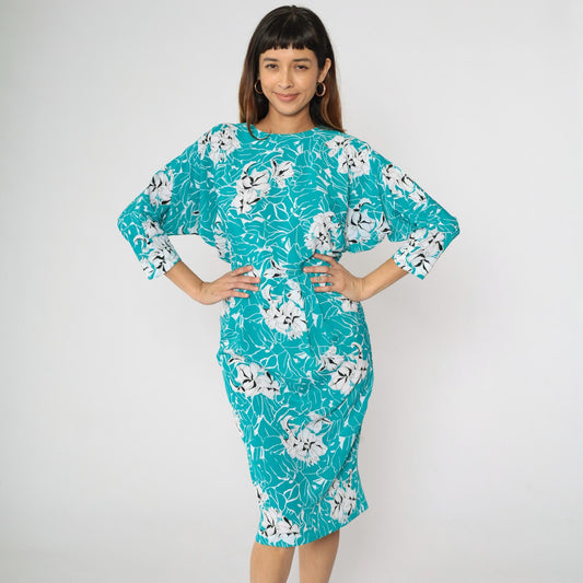 80s Turquoise Floral Midi Dress Keyhole Back Dolman Sleeve High Waist Small