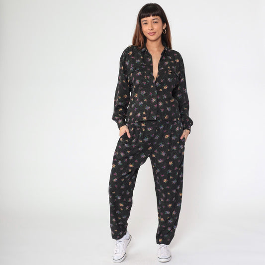 90s Liz Claiborne Floral Polka Dot Two Piece Set Black Button Up Blouse Tapered Pants Medium
