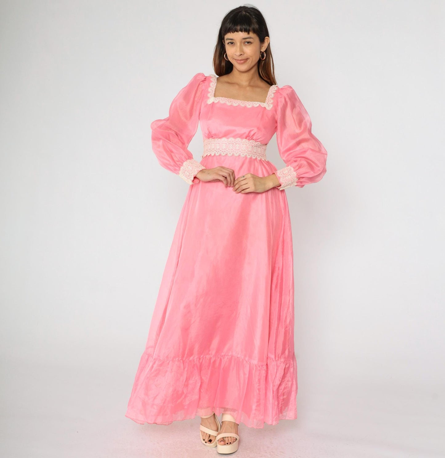 70s Pink Taffeta Evening Gown Puff Sleeve Square Neck Empire Waist Small