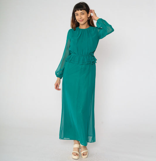 70s Teal Chiffon Maxi Dress High Waist Ruffle Sheer Sleeves Small