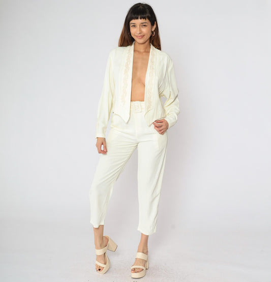80s Two Piece Suit Cream Embroidered Blazer & Tapered Pants Set Small