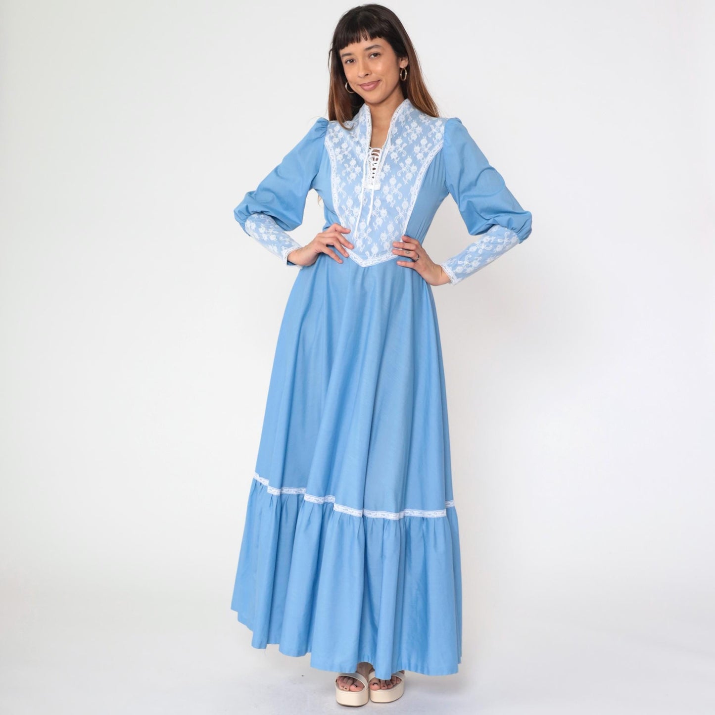 70s Blue Prairie Maxi Dress Lace Bib Puff Sleeve Lace-Up Small