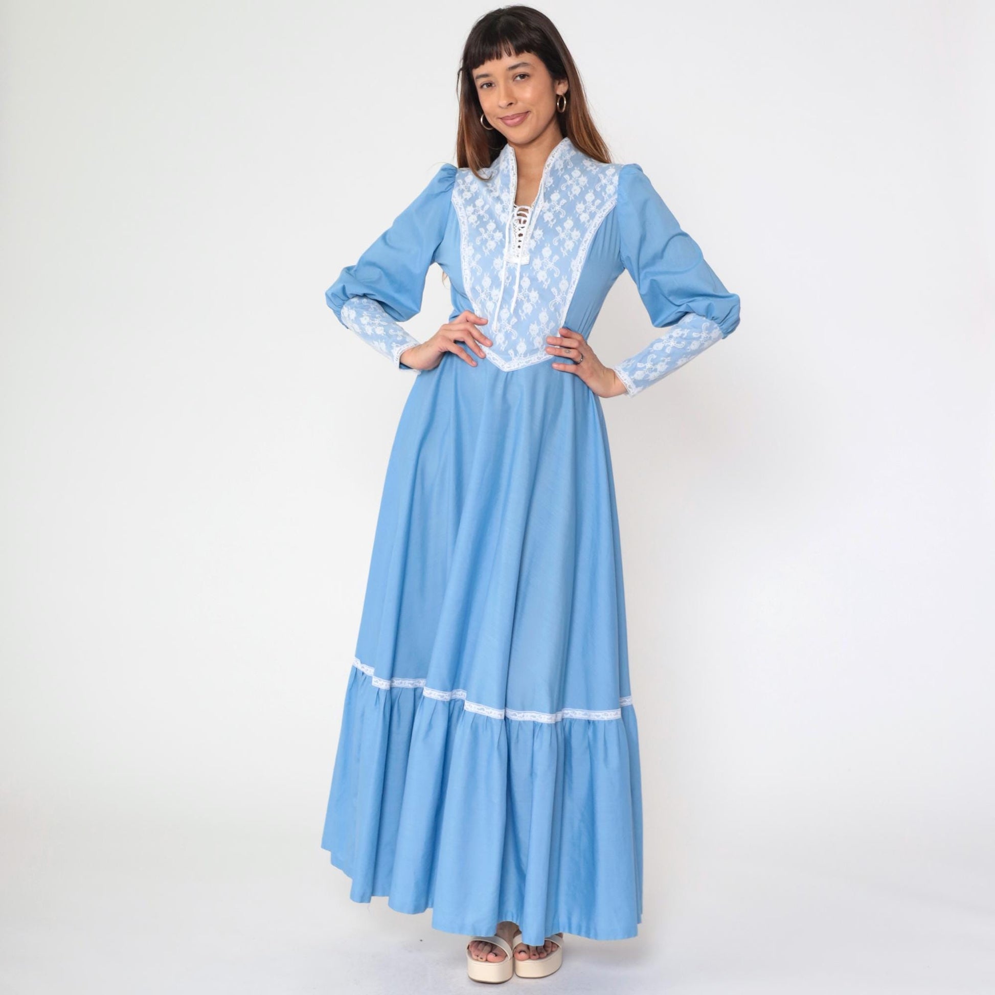 70s Blue Prairie Maxi Dress Lace Bib Puff Sleeve Lace-Up Small