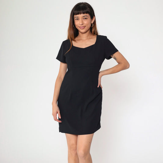 90s Black Mini Sheath Dress Empire Waist Short Sleeve Medium Petite