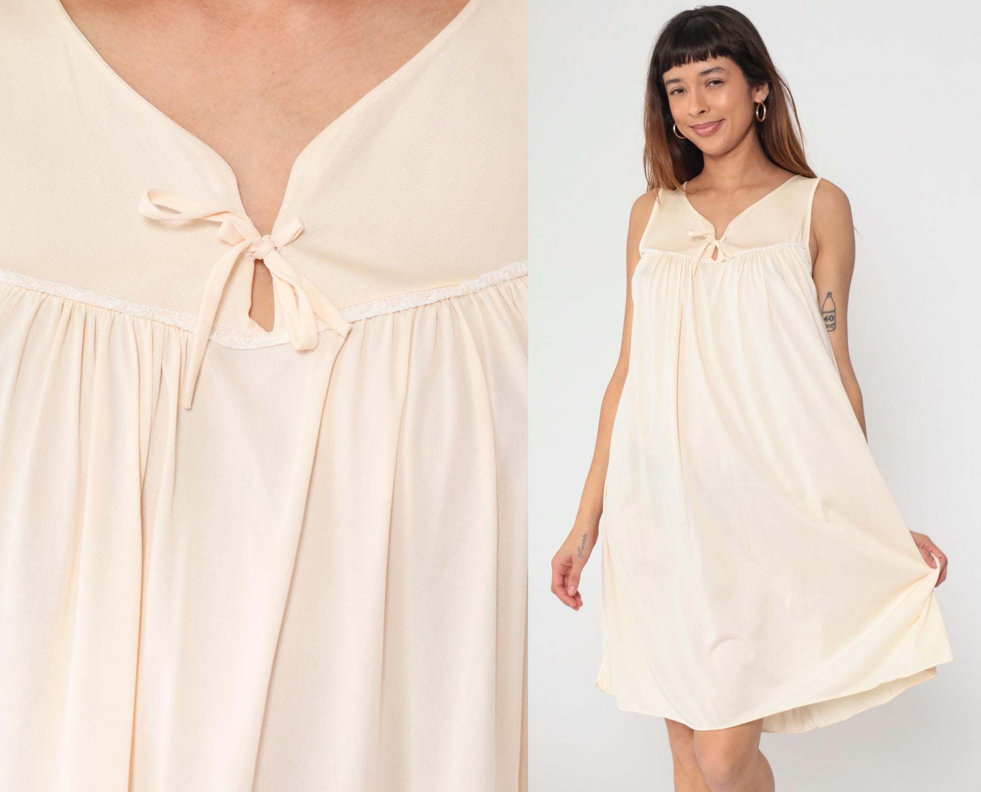 70s Peach Nylon Nightgown Bow Neck Sleeveless Tent Trapeze Midi Medium