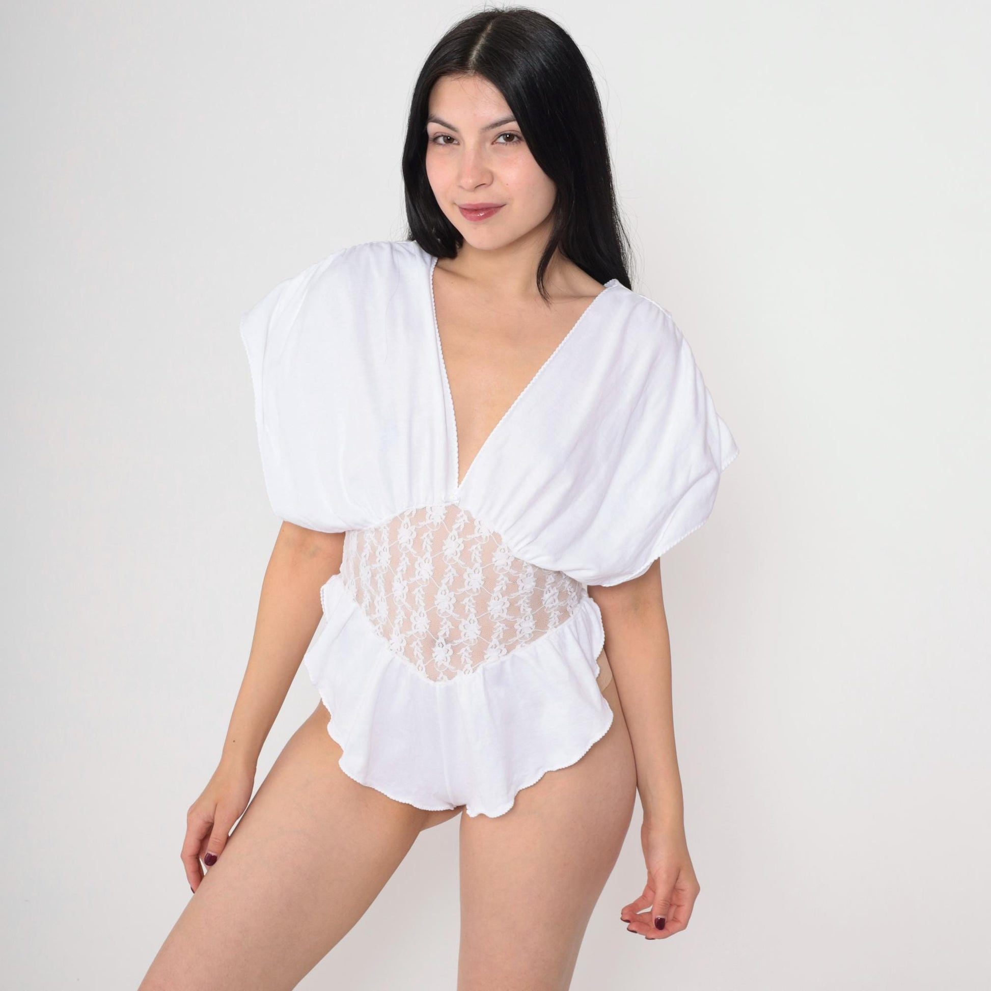 80s White Lace Teddy Bodysuit Deep V Plunge Open Back Medium