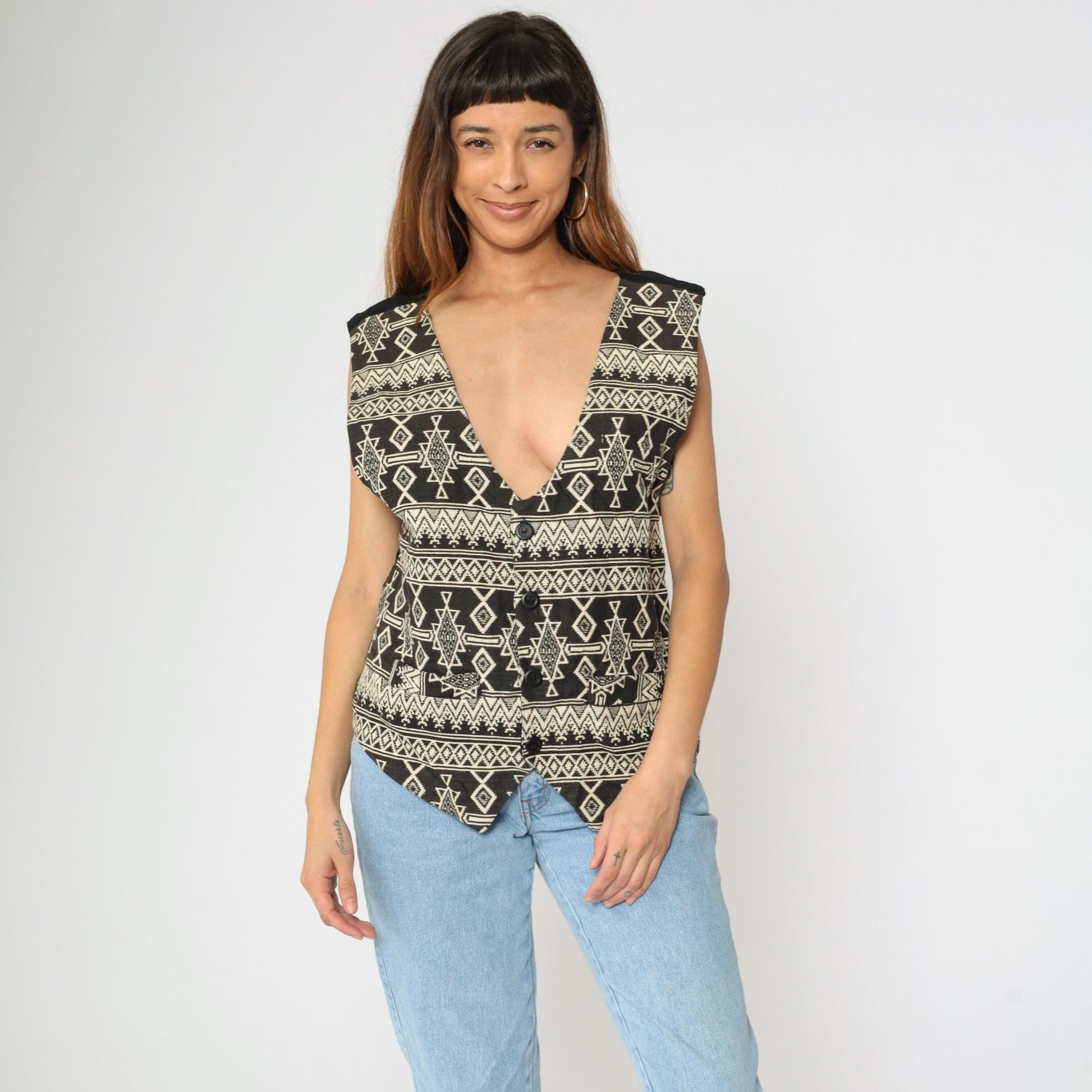 90s Southwestern Tapestry Vest Men's Button Up Sleeveless Black Cream Geometric Large L