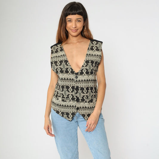 90s Southwestern Tapestry Vest Men's Button Up Sleeveless Black Cream Geometric Large L