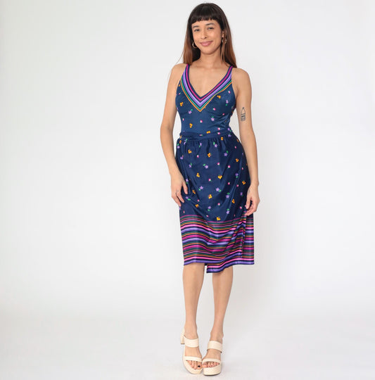 80s Navy Floral Swimsuit & Maxi Wrap Skirt Set V-Neck Boyleg One-Piece Medium 8