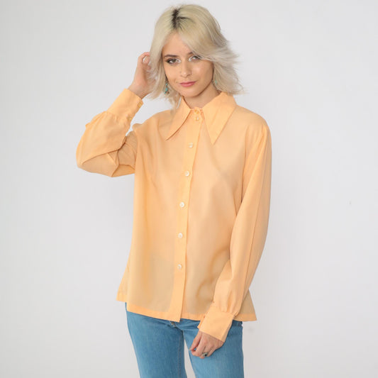 70s Peach Dagger Collar Button-Up Shirt Long Sleeve Large L