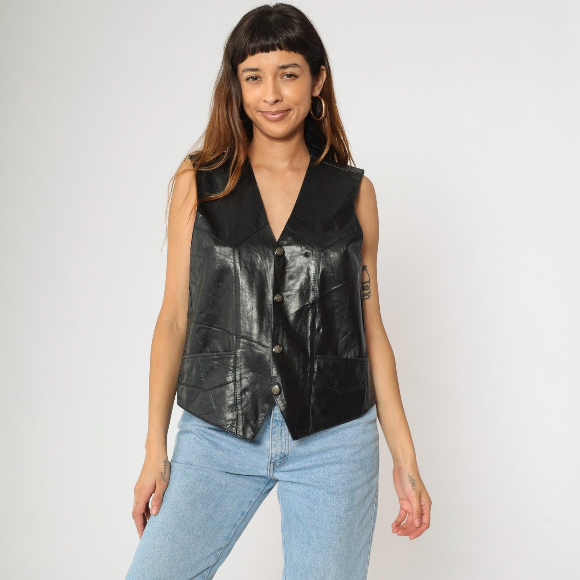 90s Black Leather Biker Vest Snap Front V Neck Sleeveless Medium