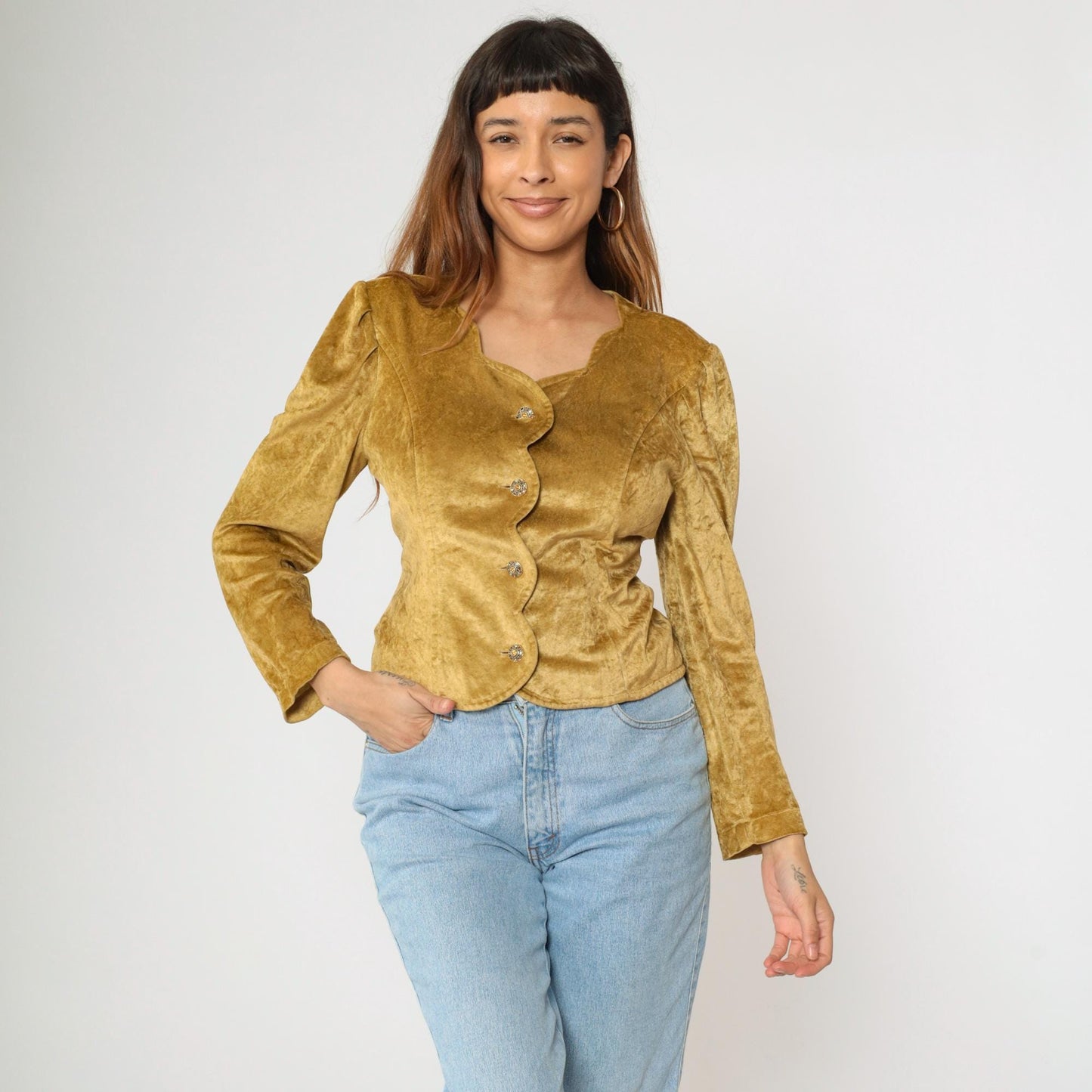 80s Betty Barclay Gold Velour Blouse Puff Sleeve Scalloped Button Medium