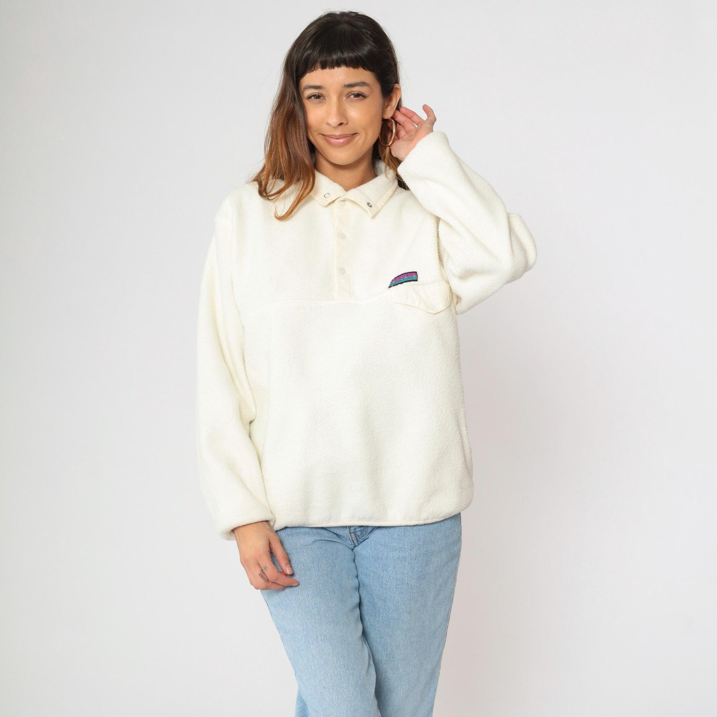 90s Gap Cream Fleece Quarter-Snap Sweatshirt Small