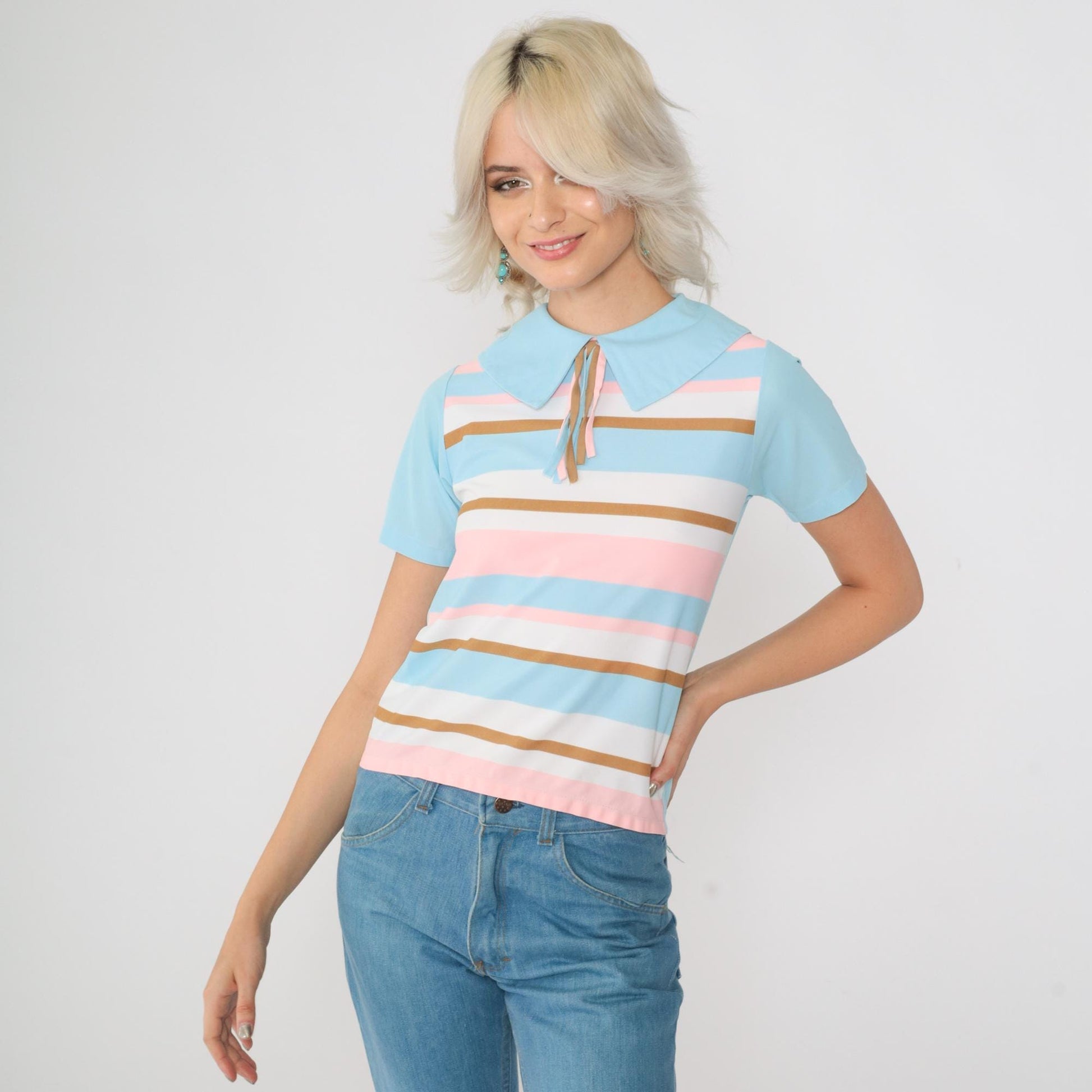 60s Striped Blouse Pilgrim Collar Tassel Neckline Blue Pink Brown Extra Small